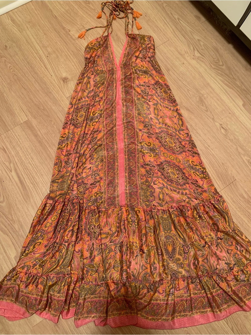 Vintage silk Bohemian Pink Paisley Halter Maxi Dress